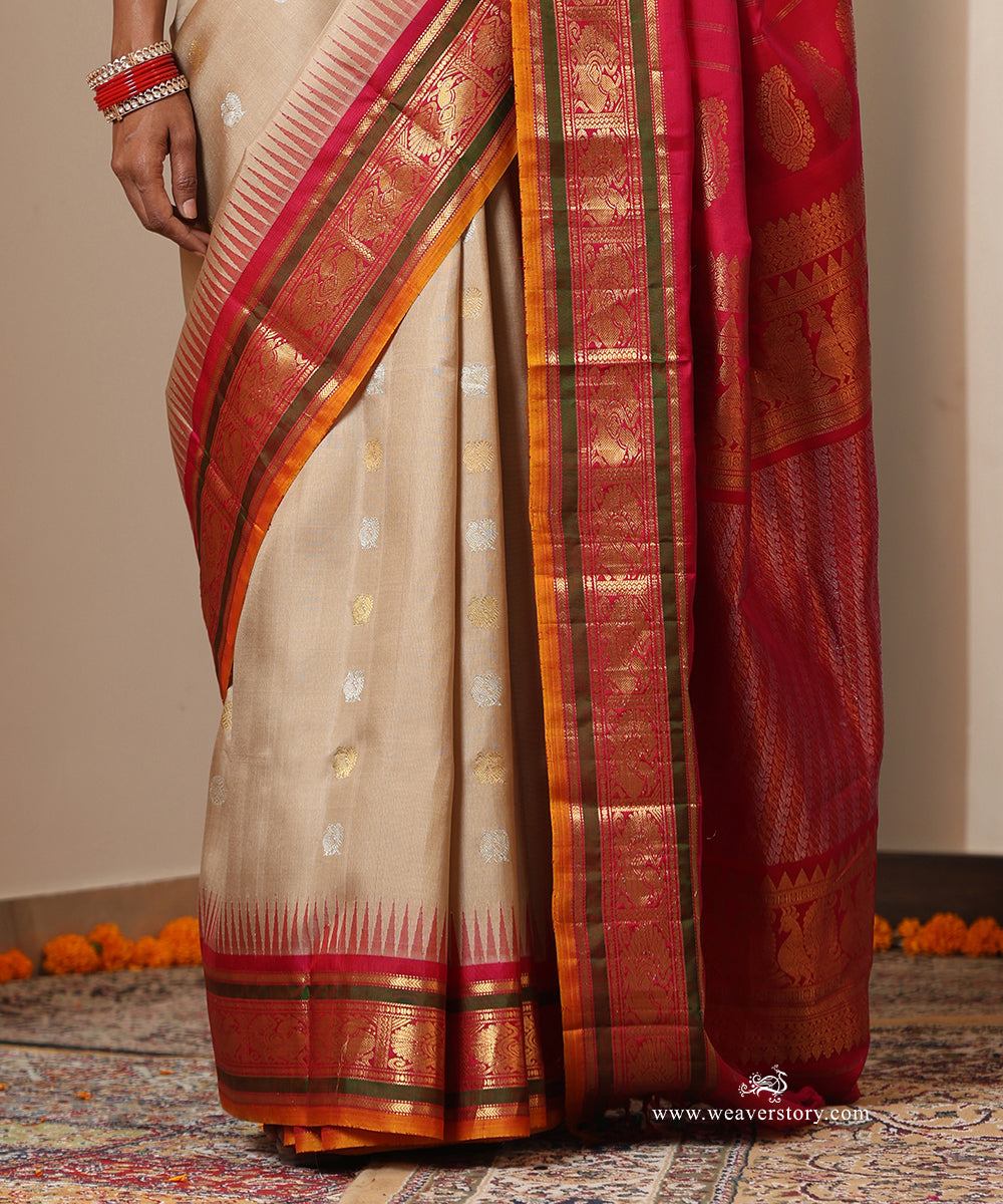 Beige Handloom Pure Silk Gadhwal Saree With Pink Border And Pallu