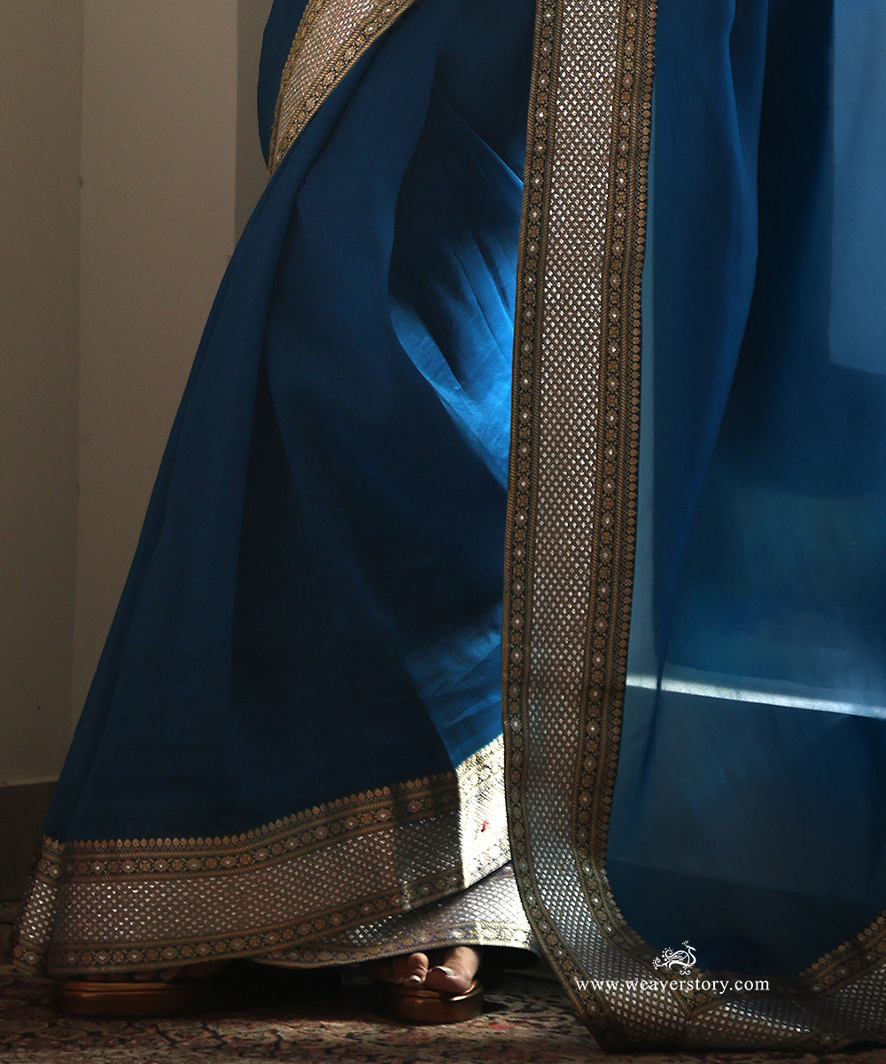 Peacock Blue Handwoven Pure Organza Saree with Gold and Silver Zari Banarasi Border