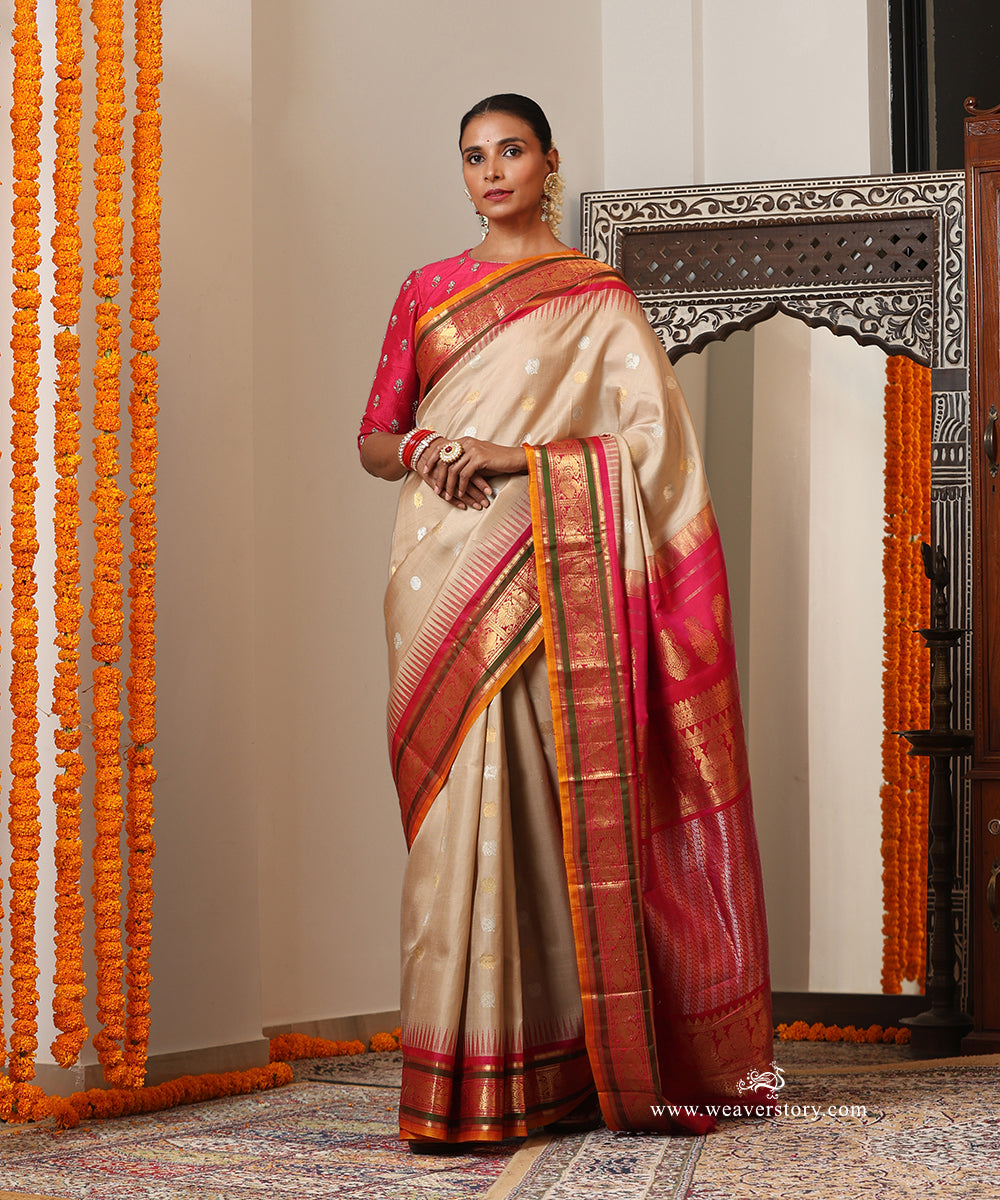 Beige Handloom Pure Silk Gadhwal Saree With Pink Border And Pallu