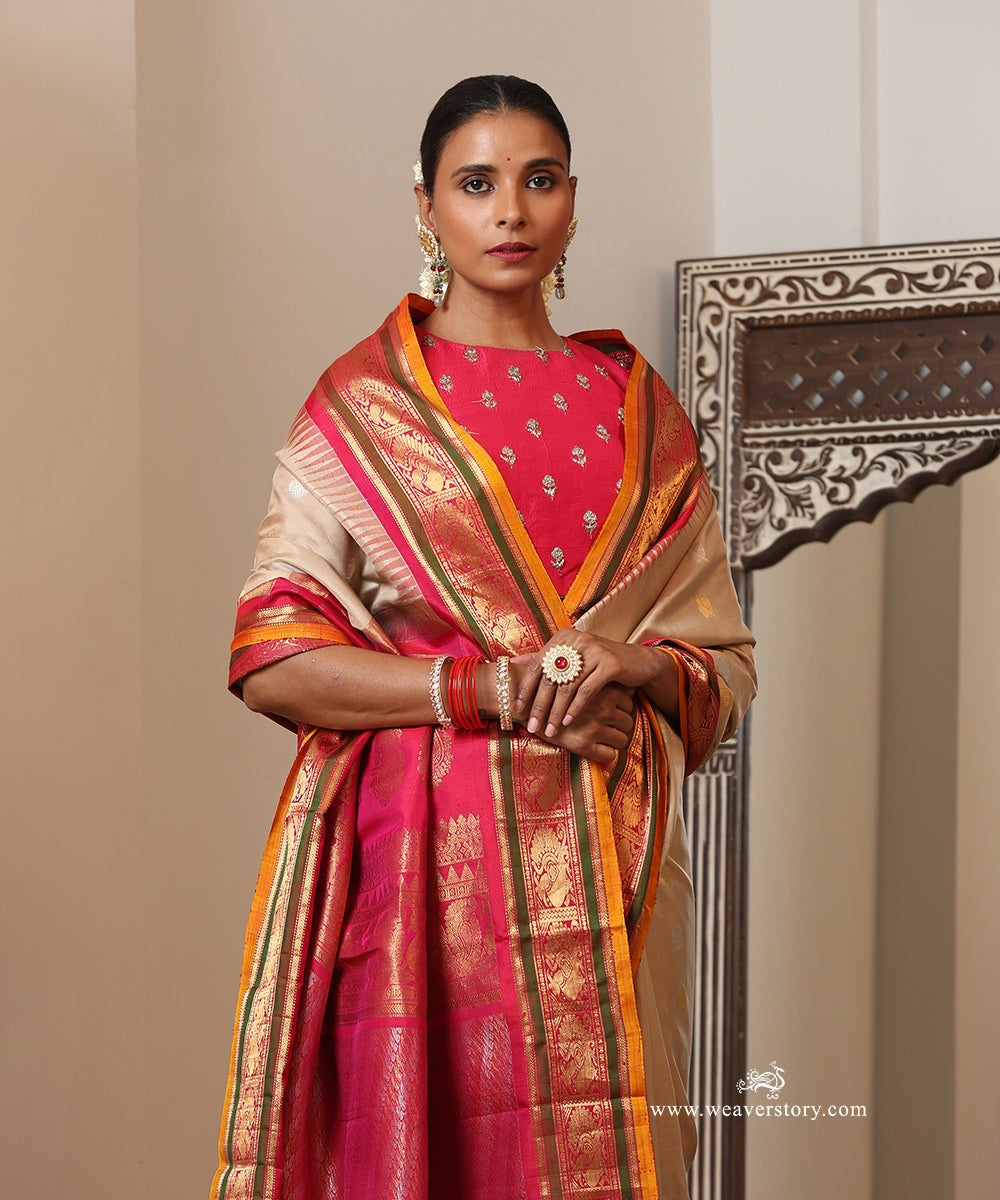 Beige Handloom Pure Silk Gadhwal Saree With Pink Border And Pallu