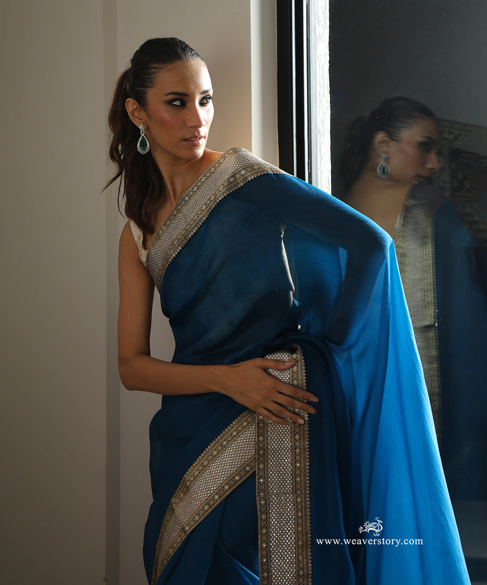 Peacock Blue Handwoven Pure Organza Saree with Gold and Silver Zari Banarasi Border