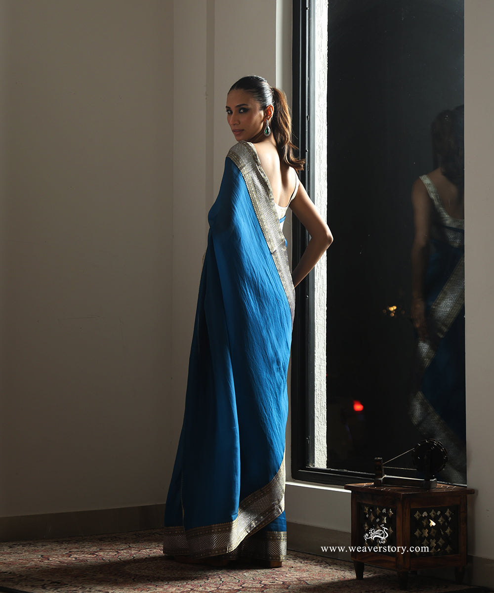 Peacock Blue Handwoven Pure Organza Saree with Gold and Silver Zari Banarasi Border