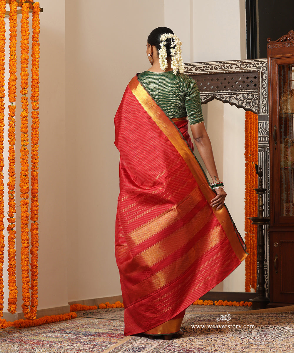 Maroon Handloom Pure Silk Kanjivaram Saree With Allover Checks And Gold Zari Border