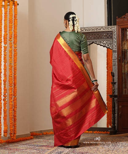 Maroon Handloom Pure Silk Kanjivaram Saree With Allover Checks And Gold Zari Border