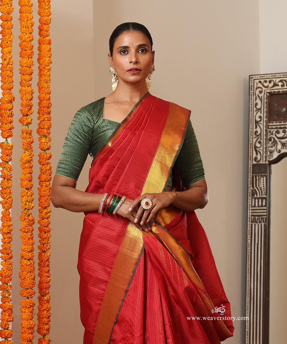 Maroon Handloom Pure Silk Kanjivaram Saree With Allover Checks And Gold Zari Border