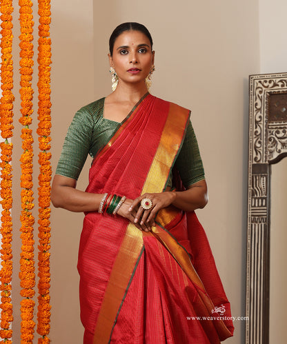 Maroon Handloom Pure Silk Kanjivaram Saree With Allover Checks And Gold Zari Border