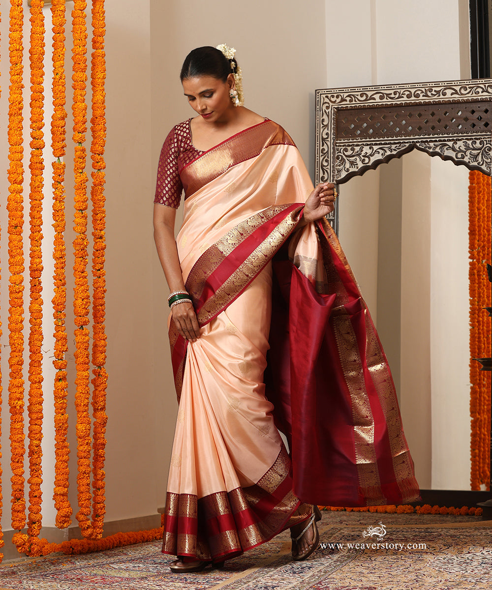 Soft Peach Handloom Pure Silk Kanjivaram Saree With Annapakshi Motifs On Maroon Border