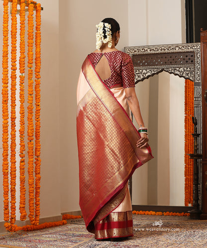 Soft Peach Handloom Pure Silk Kanjivaram Saree With Annapakshi Motifs On Maroon Border