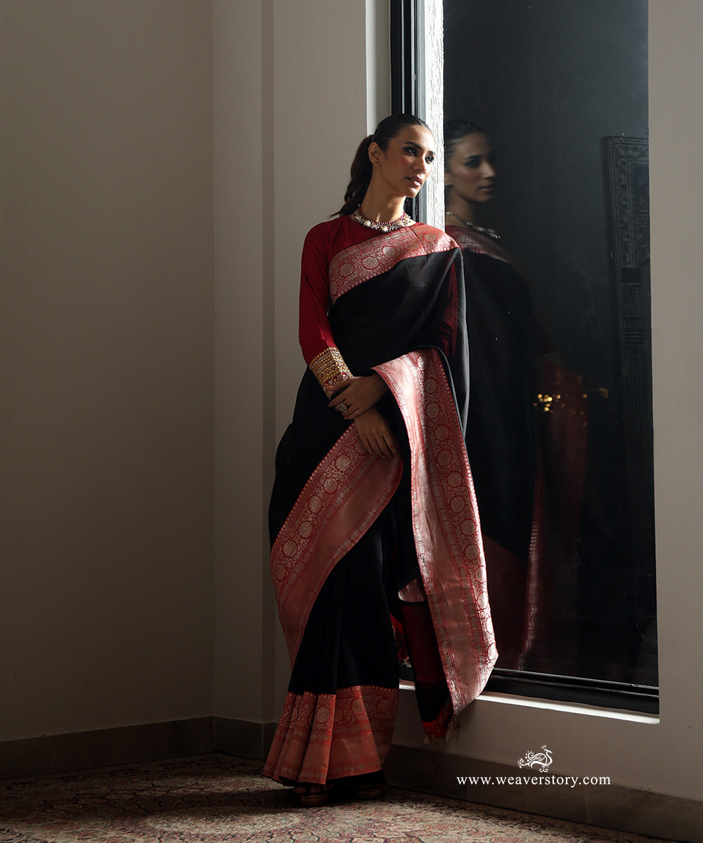 Black Handwoven Pure Organza Saree with Red Banarasi Silk Zari Border