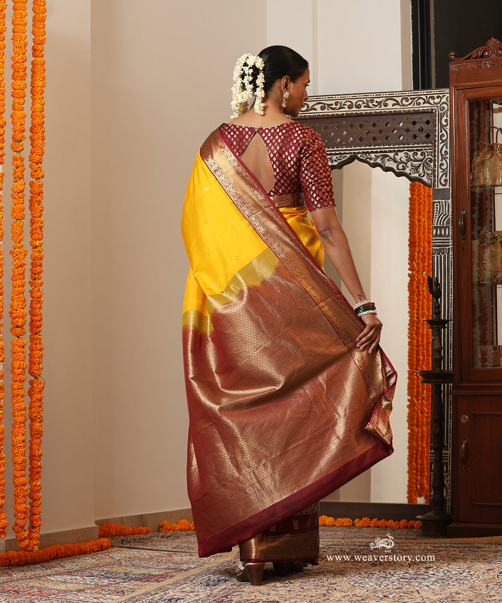 Yellow Handloom Pure Silk Kanjivaram Saree With Deep Maroon Border And Gold Zari Booti