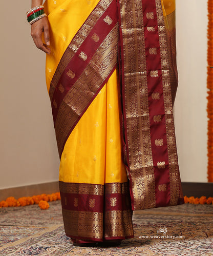 Yellow Handloom Pure Silk Kanjivaram Saree With Deep Maroon Border And Gold Zari Booti