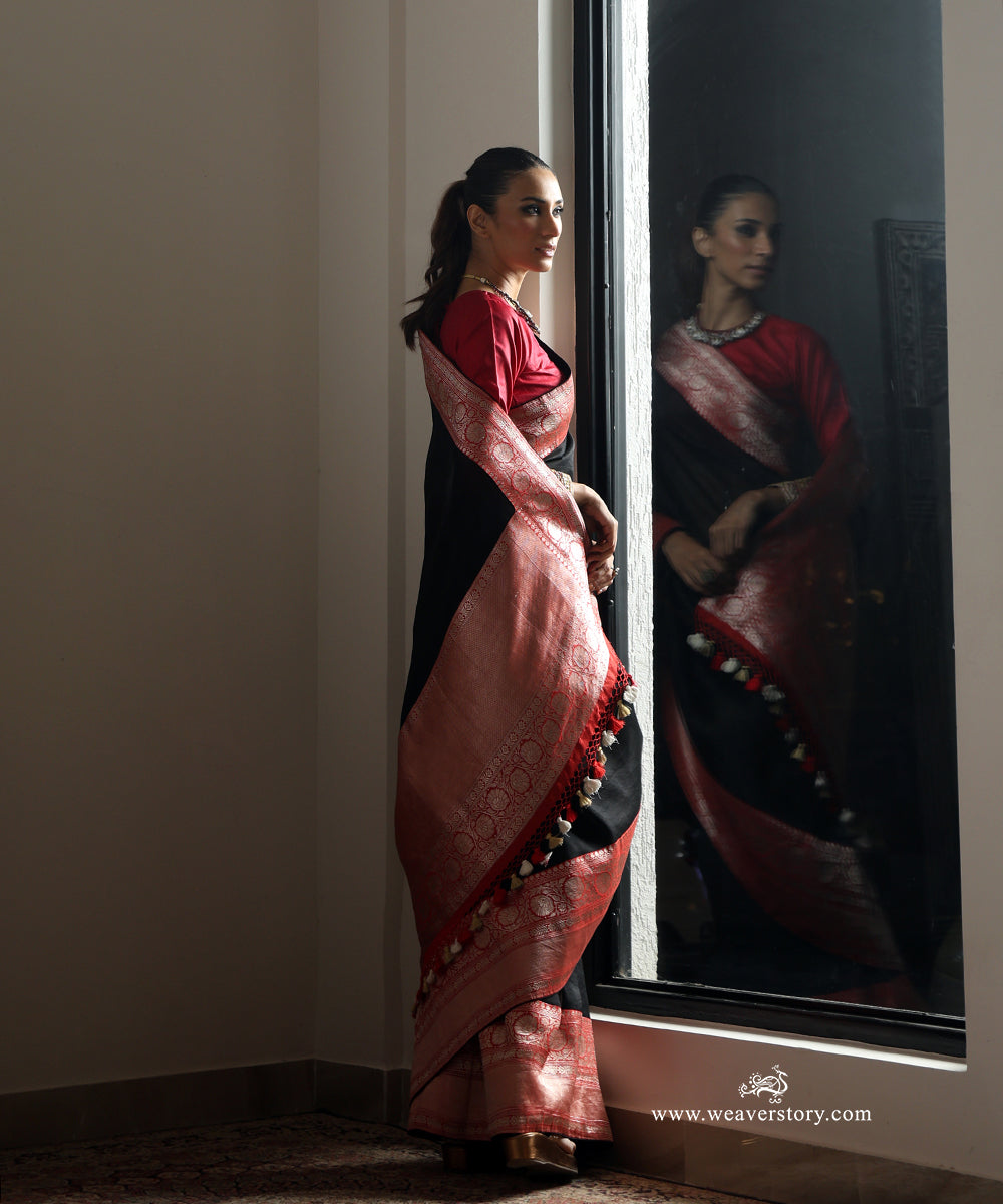 Black Handwoven Pure Organza Saree with Red Banarasi Silk Zari Border