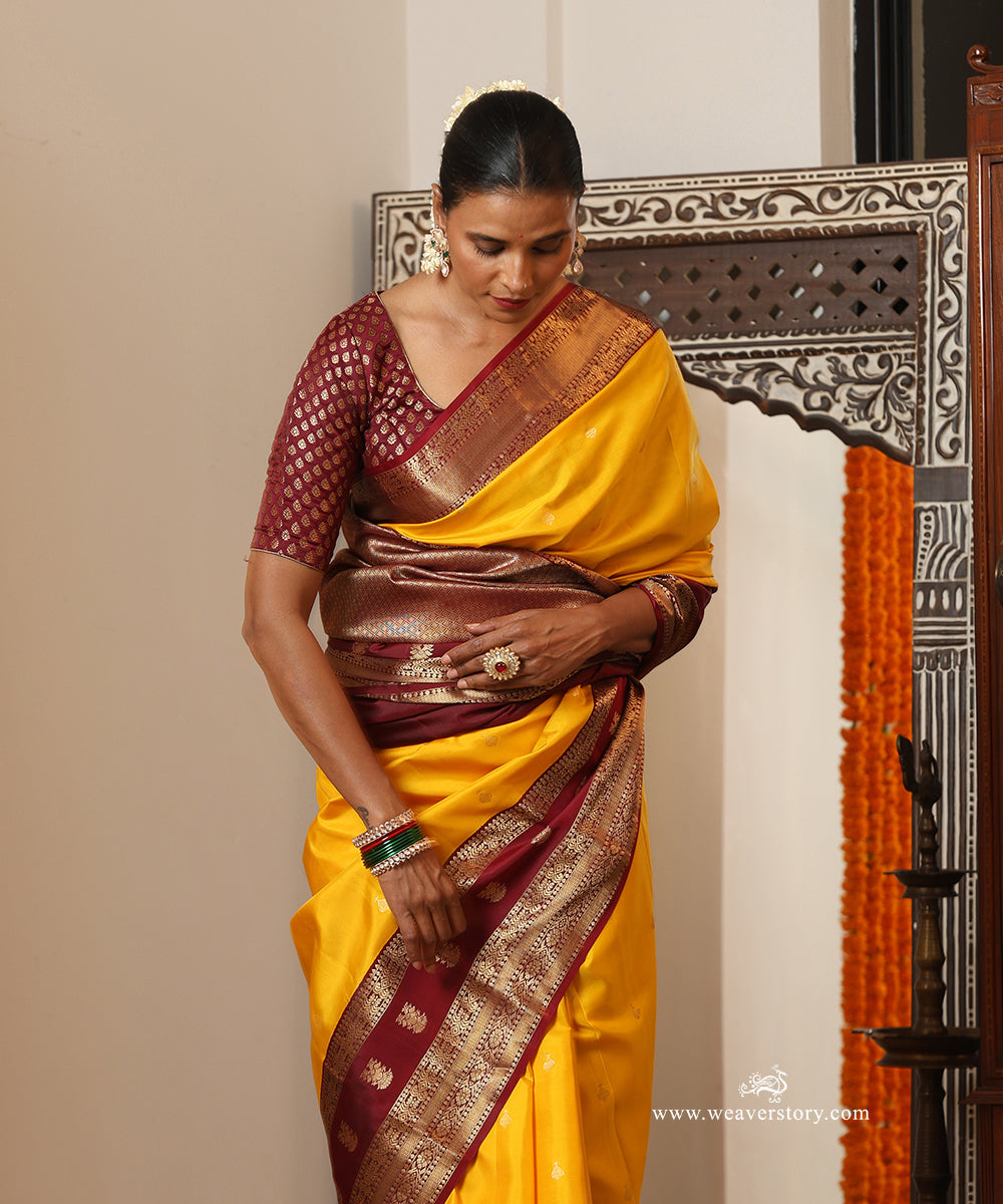 Yellow Handloom Pure Silk Kanjivaram Saree With Deep Maroon Border And Gold Zari Booti