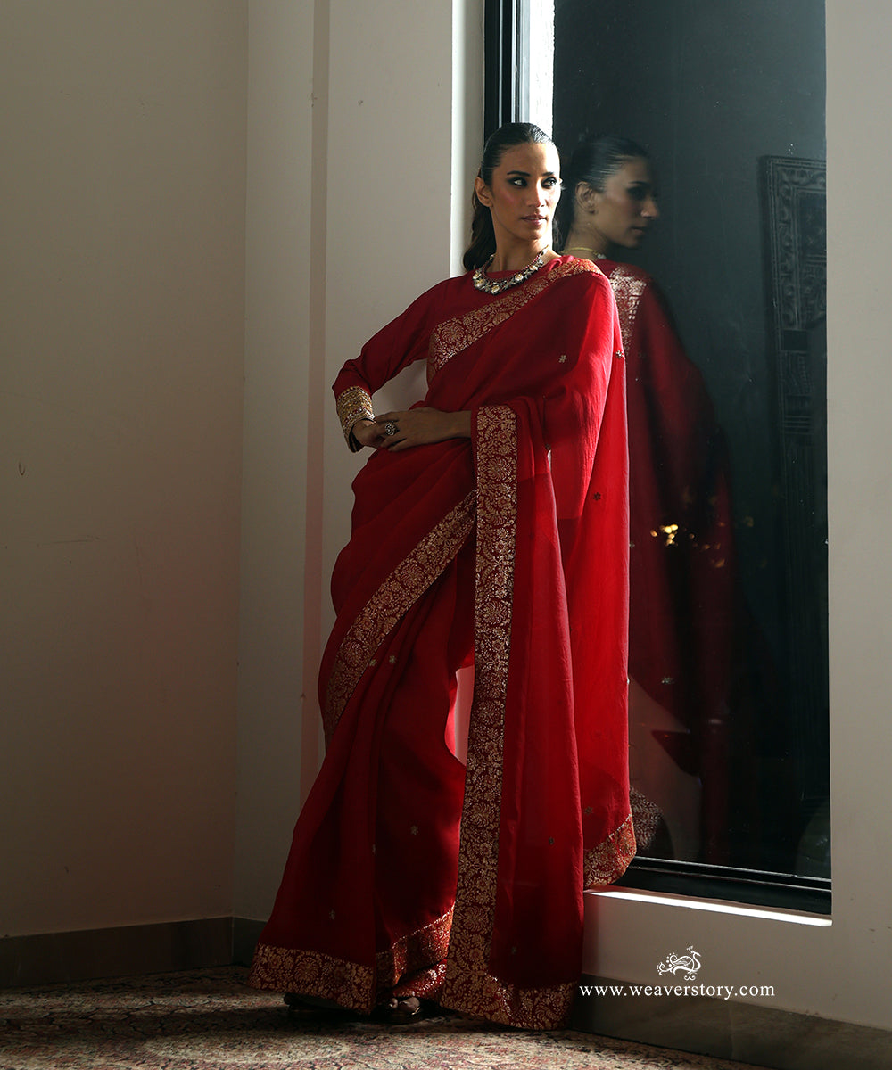 Pink Handwoven Pure Organza Saree with Pure Silk Badla Zari Floral Border