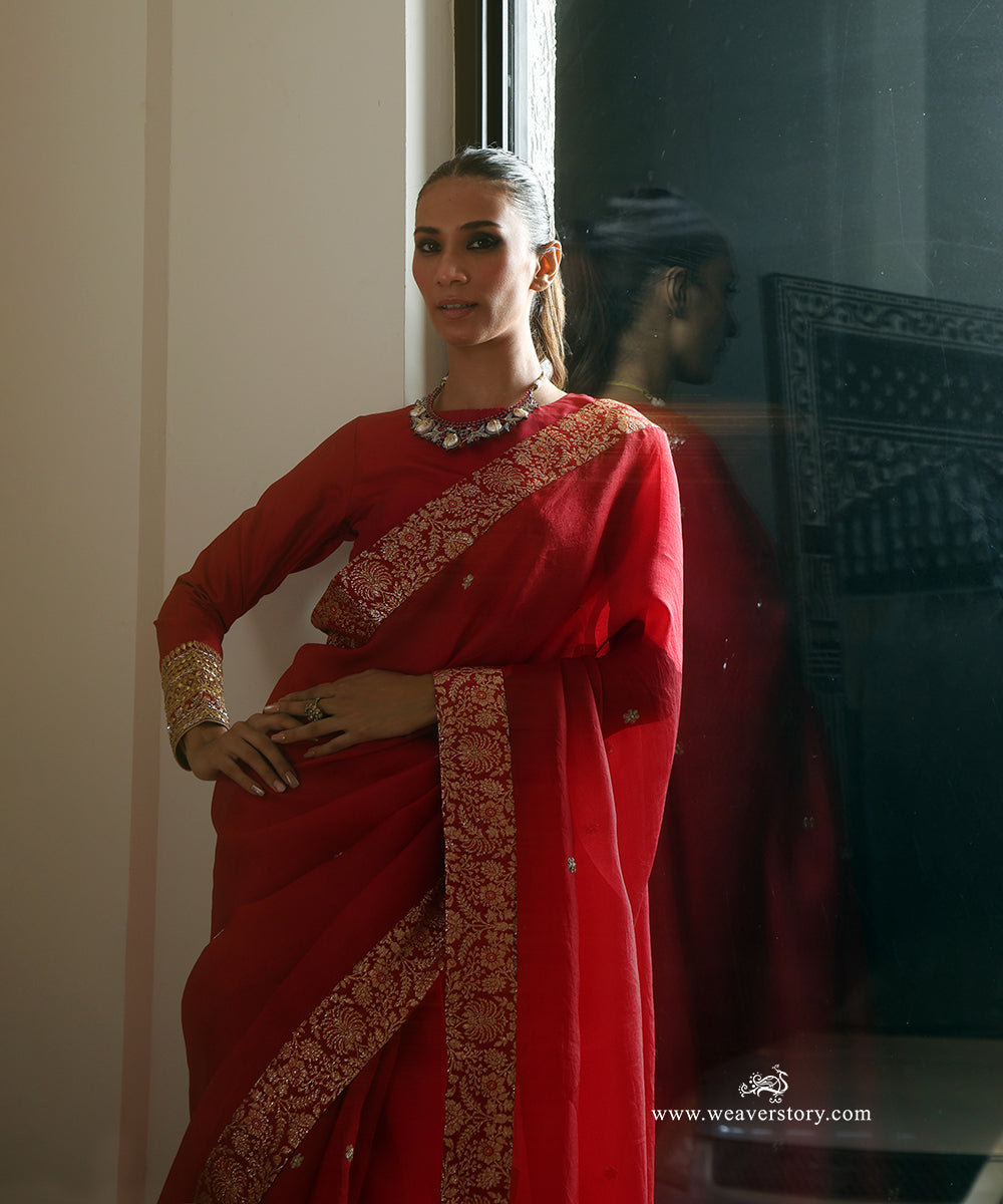 Pink Handwoven Pure Organza Saree with Pure Silk Badla Zari Floral Border