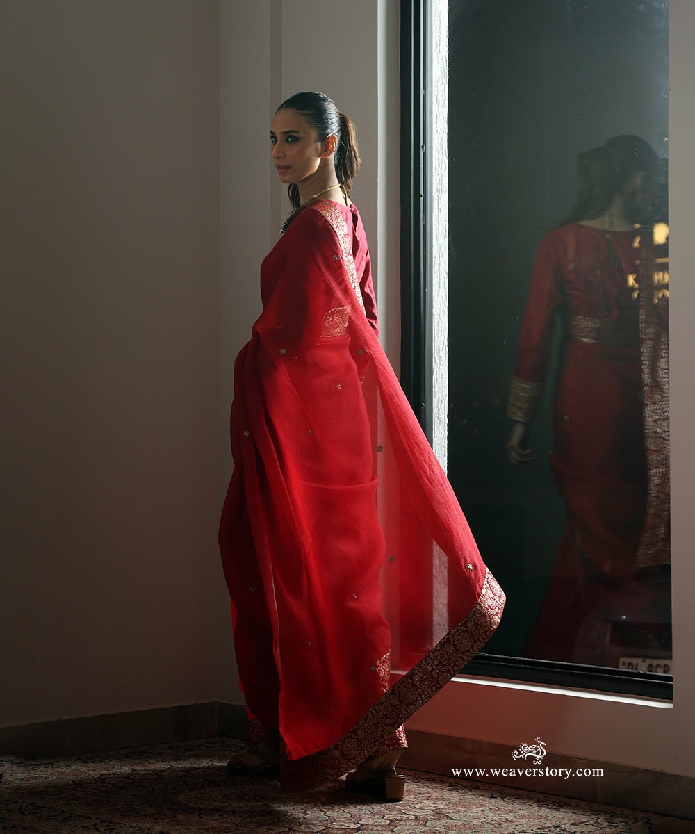 Red Handwoven Pure Organza Saree with Pure Silk Badla Zari Floral Border