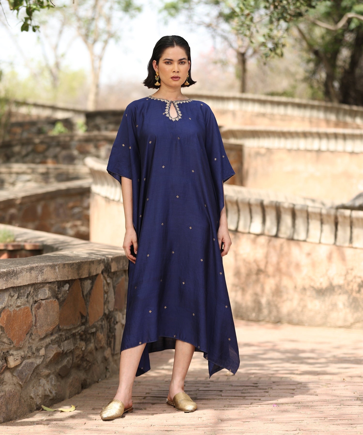 Navy Blue Handloom Silk Kaftan With Hand Embroidered Detailing Ready To Wear Ensembles