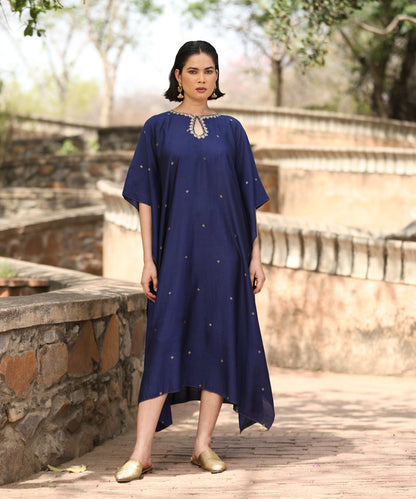 Navy Blue Handloom Silk Kaftan With Hand Embroidered Detailing Ready To Wear Ensembles