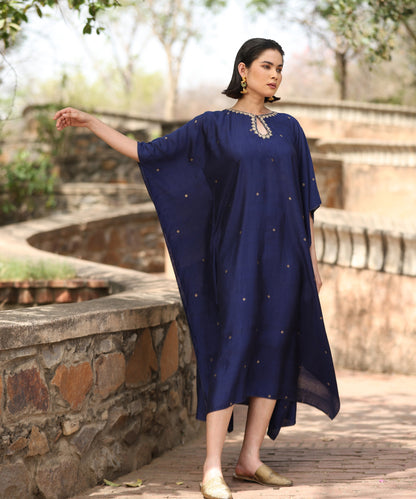 Navy Blue Handloom Silk Kaftan With Hand Embroidered Detailing Ready To Wear Ensembles