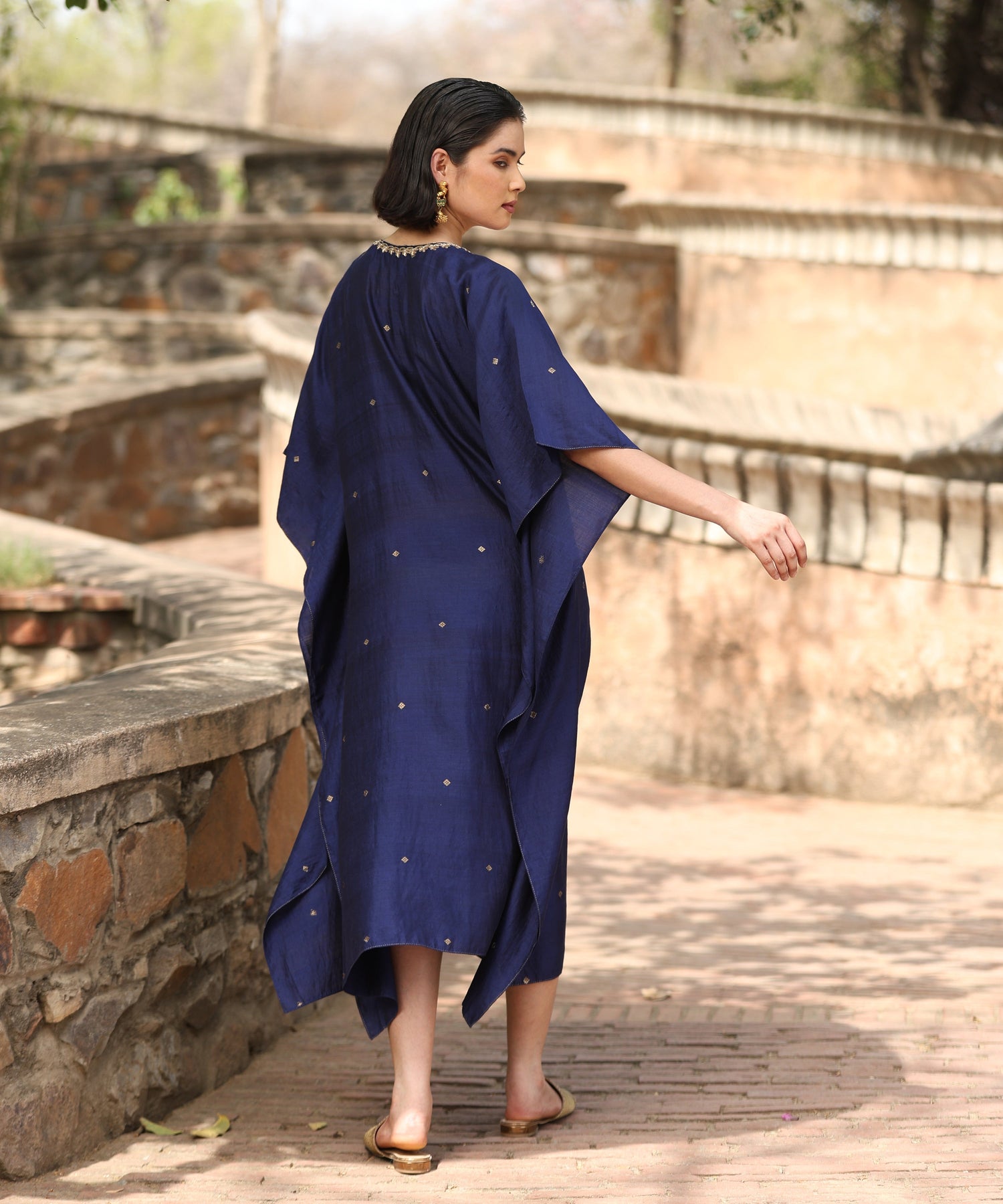 Navy Blue Handloom Silk Kaftan With Hand Embroidered Detailing Ready To Wear Ensembles