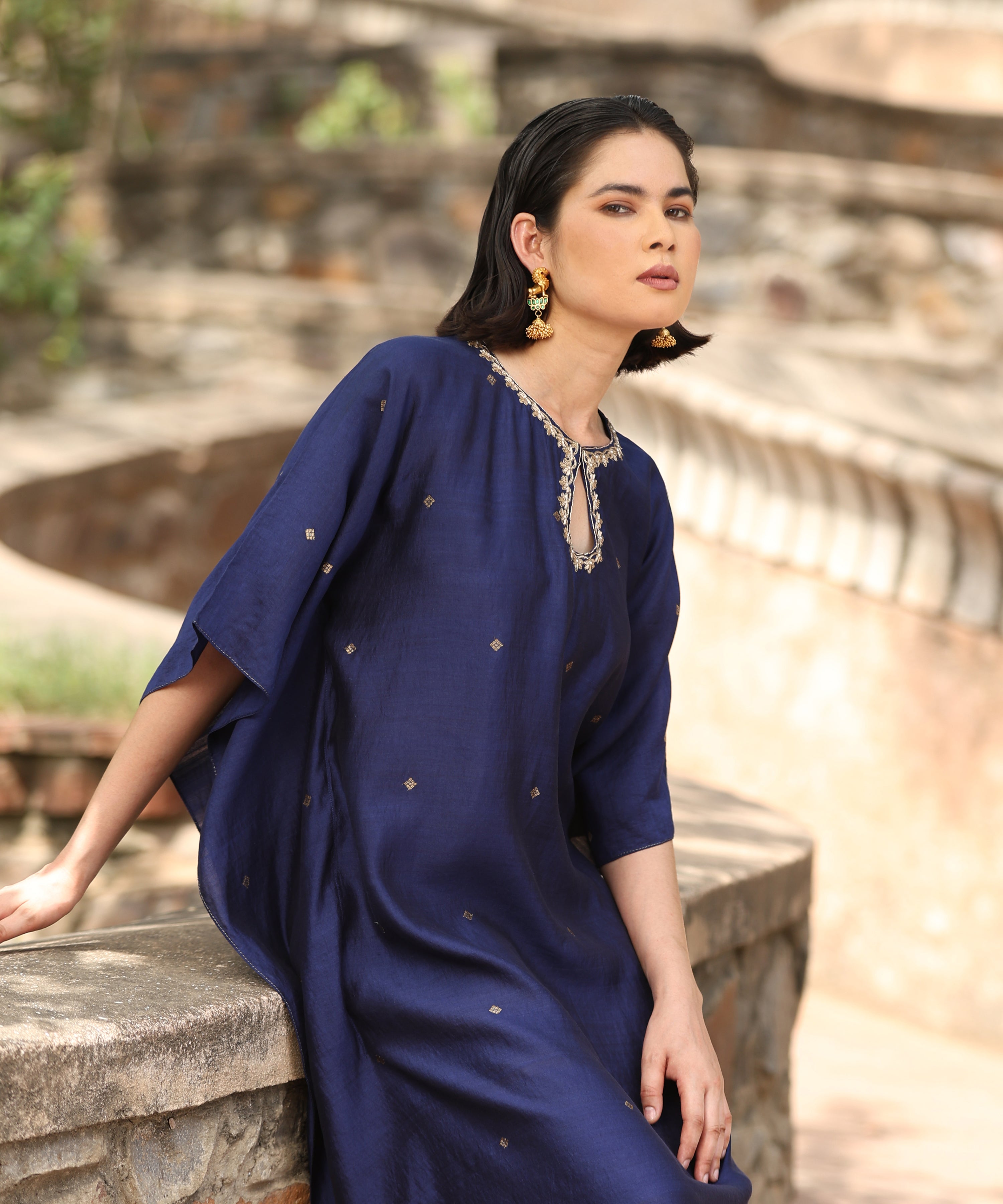 Navy Blue Handloom Silk Kaftan With Hand Embroidered Detailing Ready To Wear Ensembles