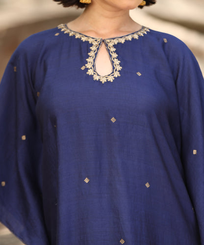 Navy Blue Handloom Silk Kaftan With Hand Embroidered Detailing Ready To Wear Ensembles