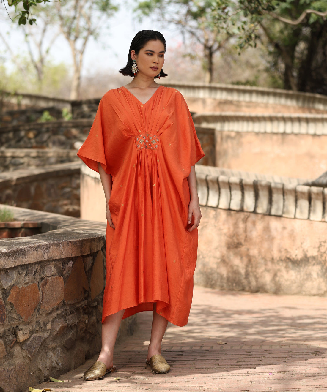 Handloom Orange Silk Kaftan With Delicate Zari Motifs Ready To Wear Ensembles