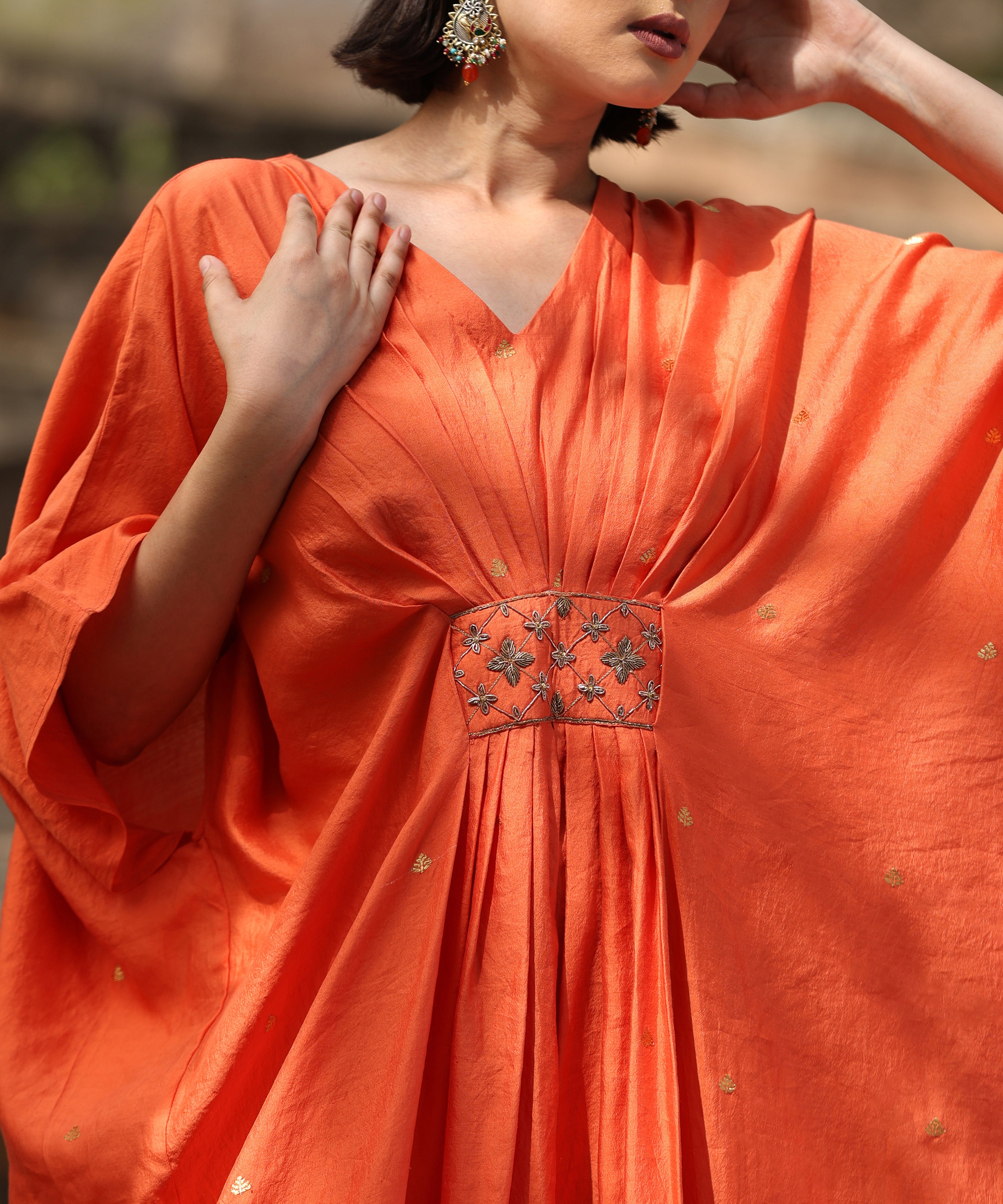 Handloom Orange Silk Kaftan with Delicate Zari Motifs