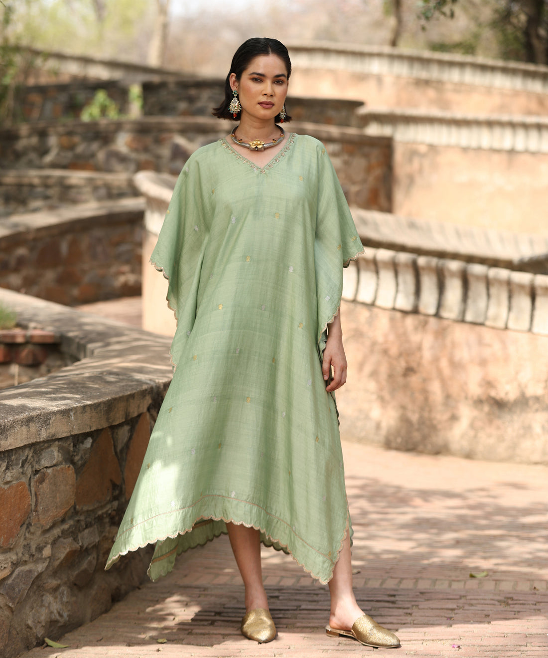 Light Green Handloom Silk Kaftan with Scalopped Embroidery