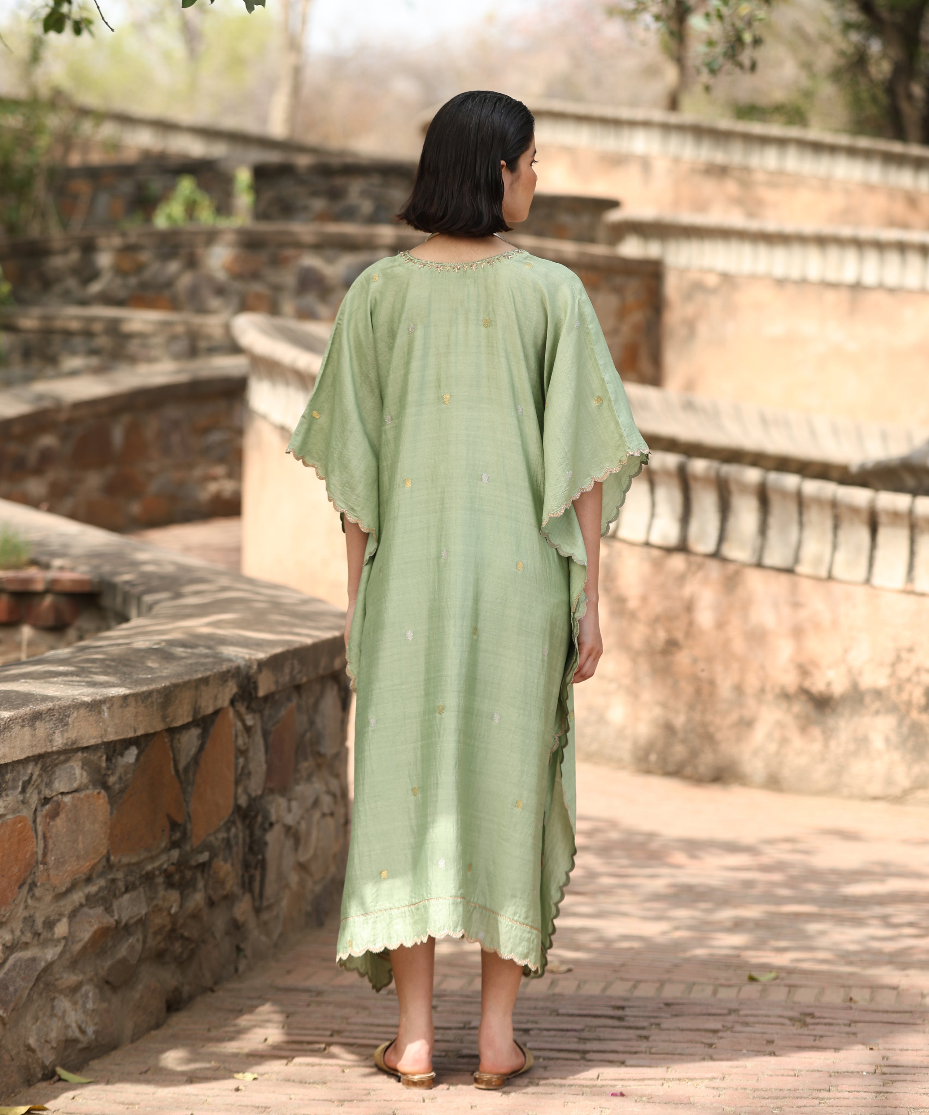 Light Green Handloom Silk Kaftan with Scalopped Embroidery