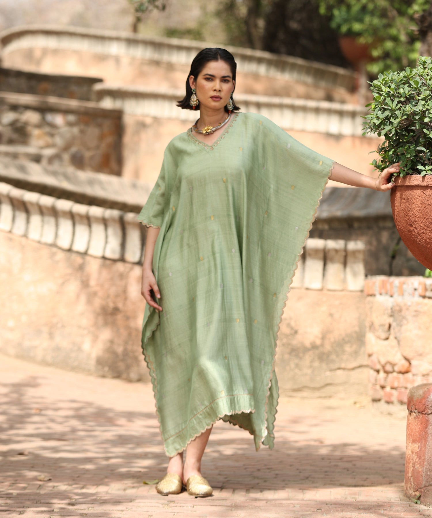 Light Green Handloom Silk Kaftan With Scalopped Embroidery Ready To Wear Ensembles