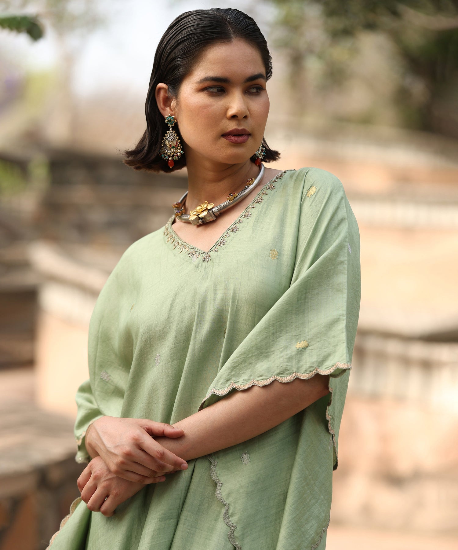 Light Green Handloom Silk Kaftan With Scalopped Embroidery Ready To Wear Ensembles