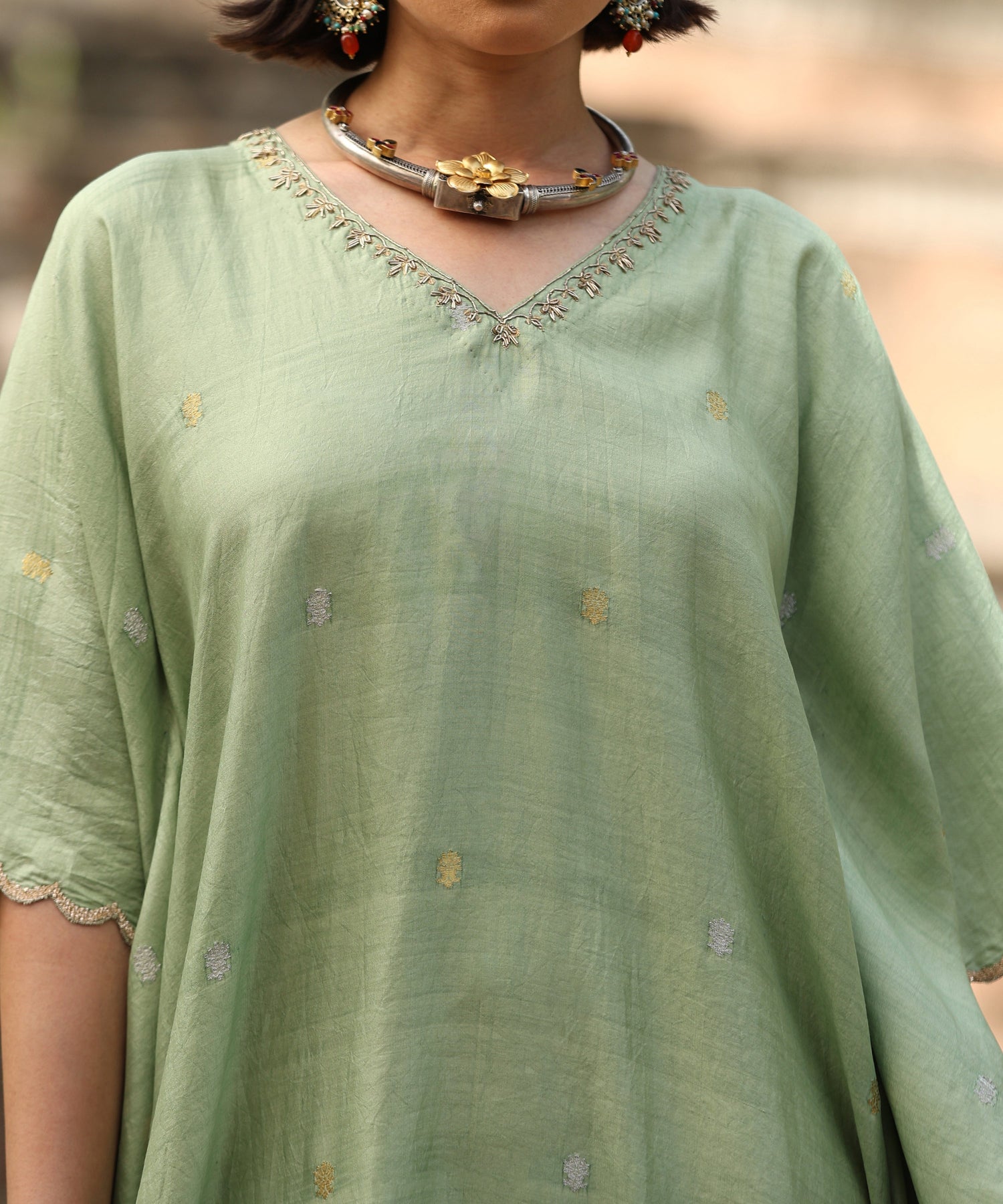 Light Green Handloom Silk Kaftan with Scalopped Embroidery