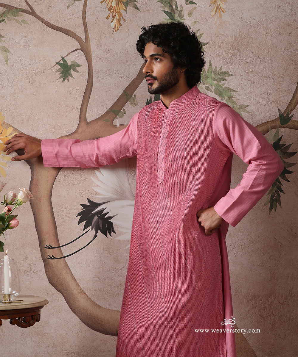 Pink Handloom Cotton Silk Pintuck Kurta With Barfi Desing With Pant