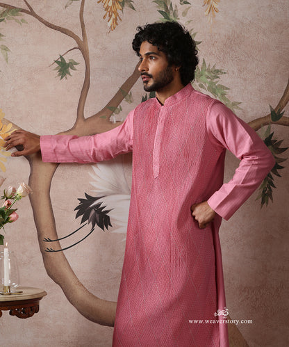Pink Handloom Cotton Silk Pintuck Kurta With Barfi Desing With Pant