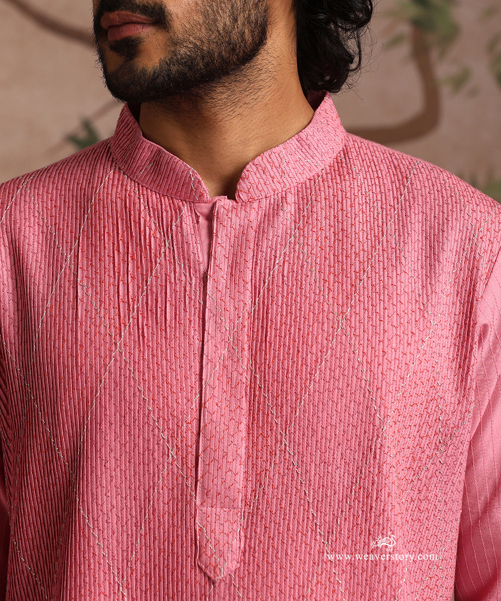 Pink Handloom Cotton Silk Pintuck Kurta With Barfi Desing With Pant