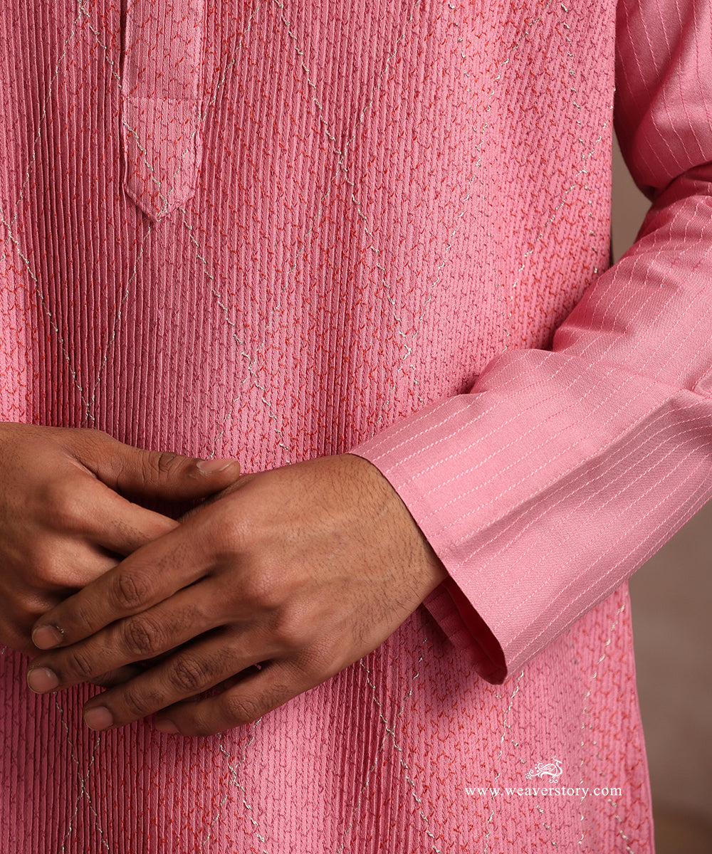 Pink Handloom Cotton Silk Pintuck Kurta With Barfi Desing With Pant