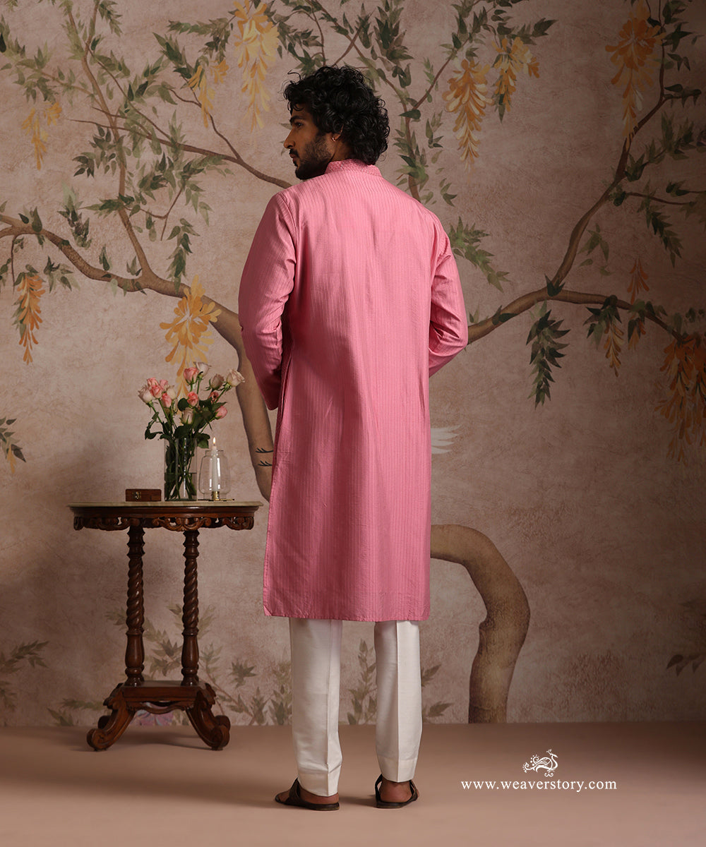 Pink Handloom Cotton Silk Pintuck Kurta With Barfi Desing With Pant