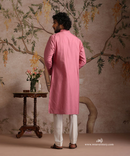 Pink Handloom Cotton Silk Pintuck Kurta With Barfi Desing With Pant
