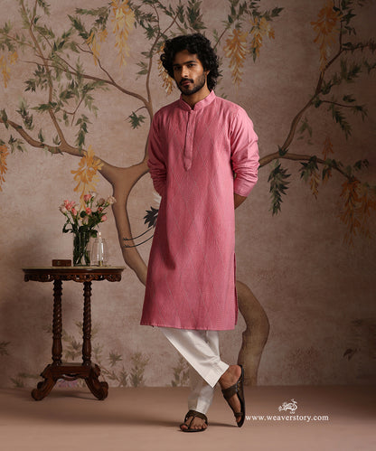 Pink Handloom Cotton Silk Pintuck Kurta With Barfi Desing With Pant