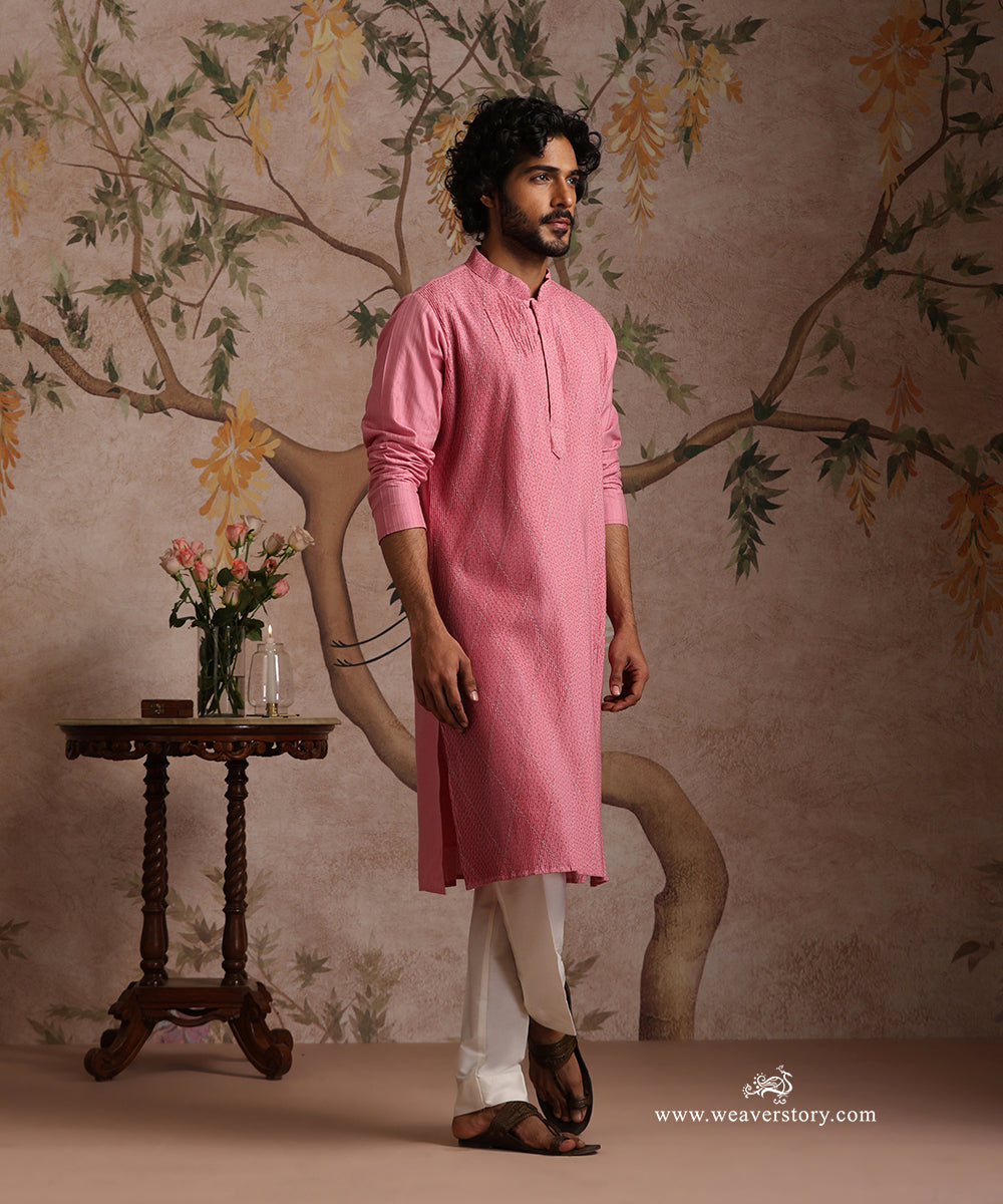 Pink Handloom Cotton Silk Pintuck Kurta With Barfi Desing With Pant
