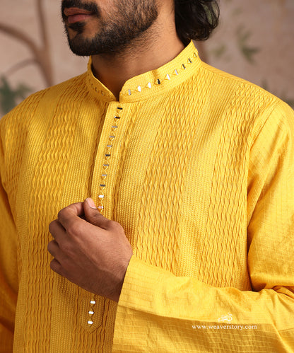 Yellow Handloom Cotton Silk Pintuck Kurta With Mirror Detailing With Pant