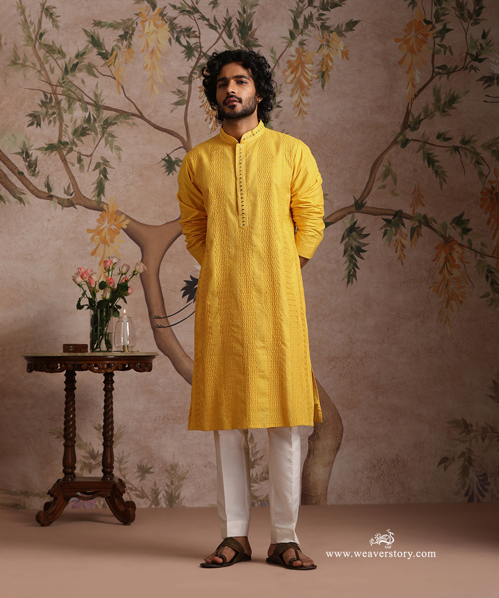 Yellow Handloom Cotton Silk Pintuck Kurta With Mirror Detailing With Pant