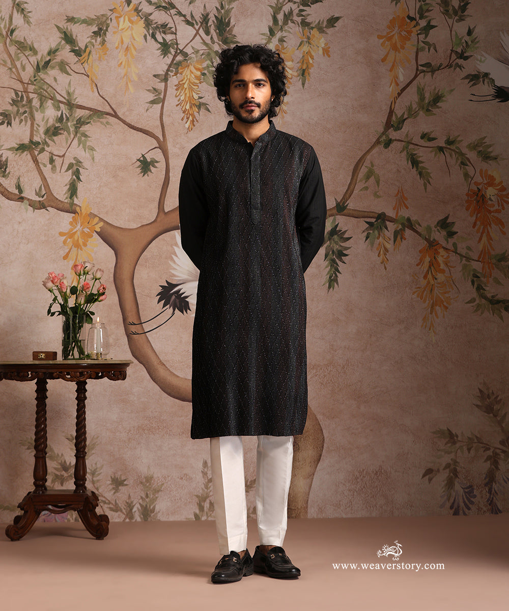 Black Handloom Cotton Silk Pintuck Kurta With Pant