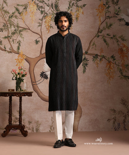 Black Handloom Cotton Silk Pintuck Kurta With Pant