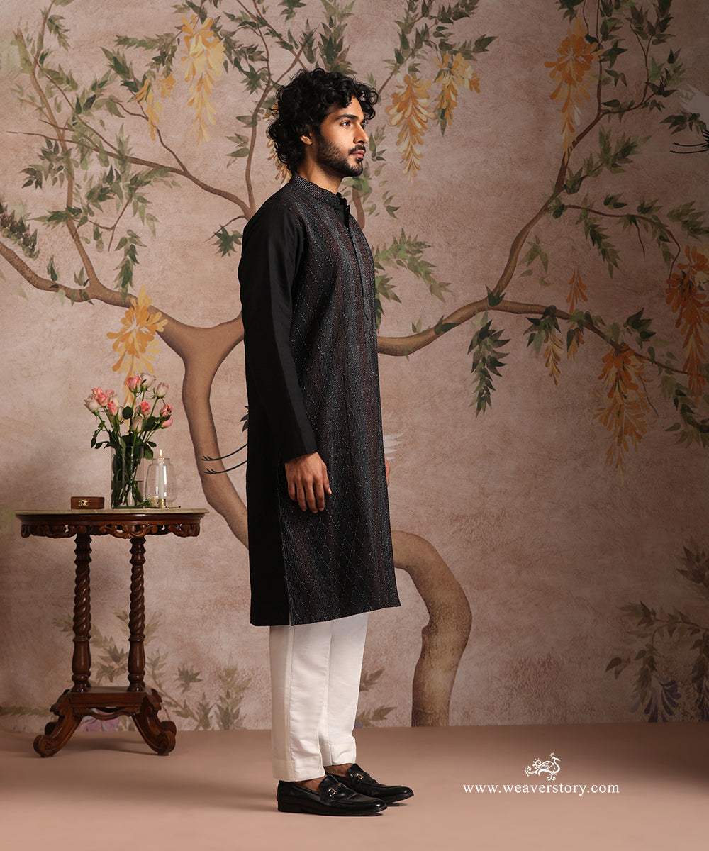 Black Handloom Cotton Silk Pintuck Kurta With Pant