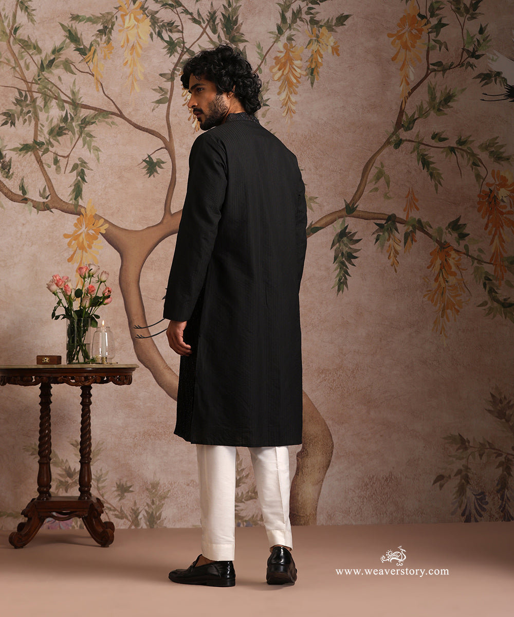 Black Handloom Cotton Silk Pintuck Kurta With Pant