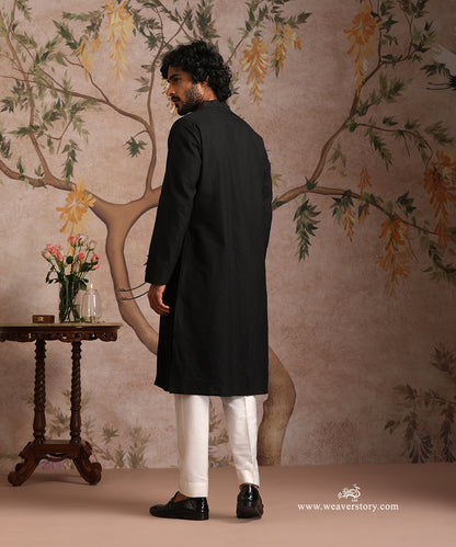 Black Handloom Cotton Silk Pintuck Kurta With Pant