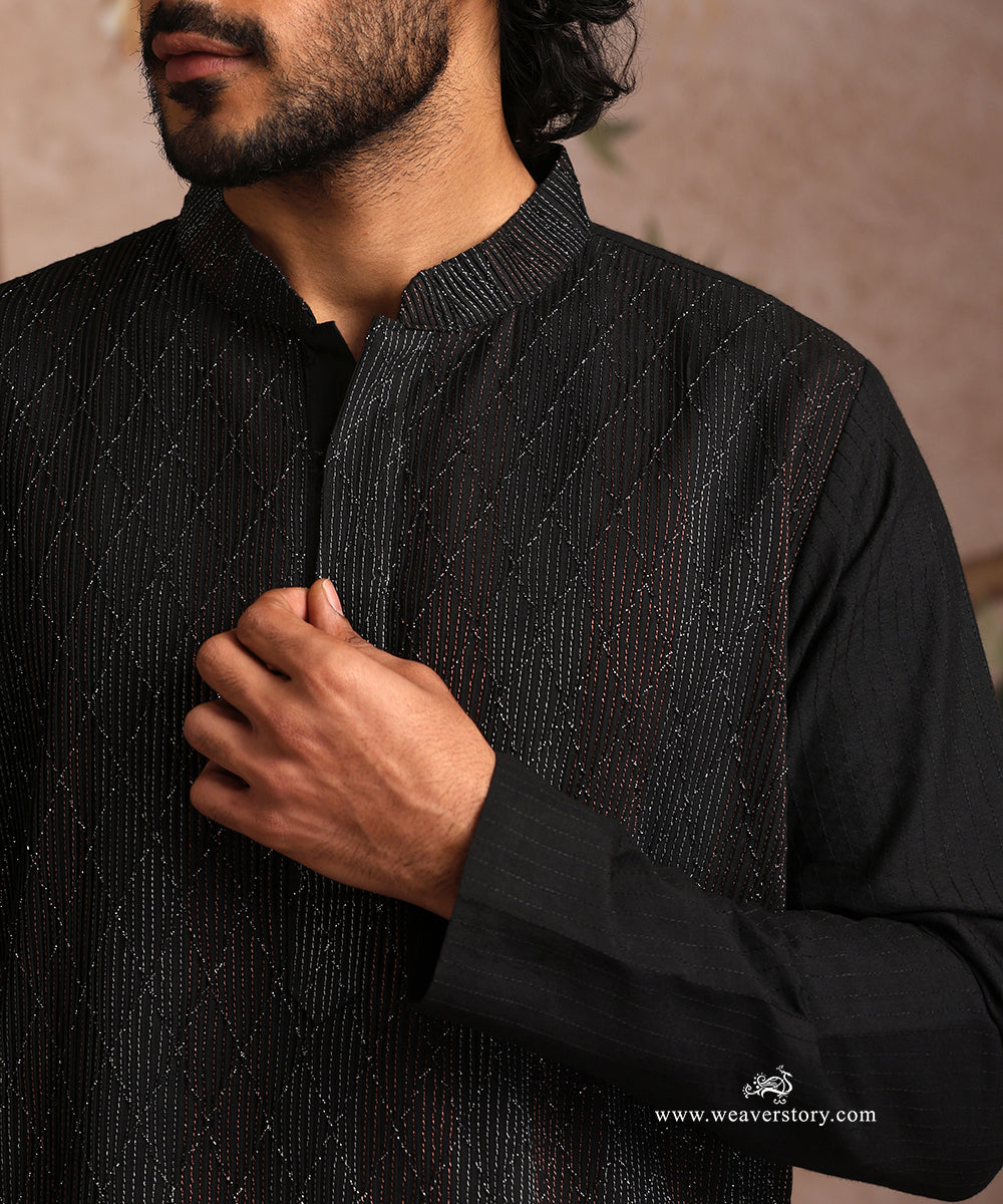 Black Handloom Cotton Silk Pintuck Kurta With Pant