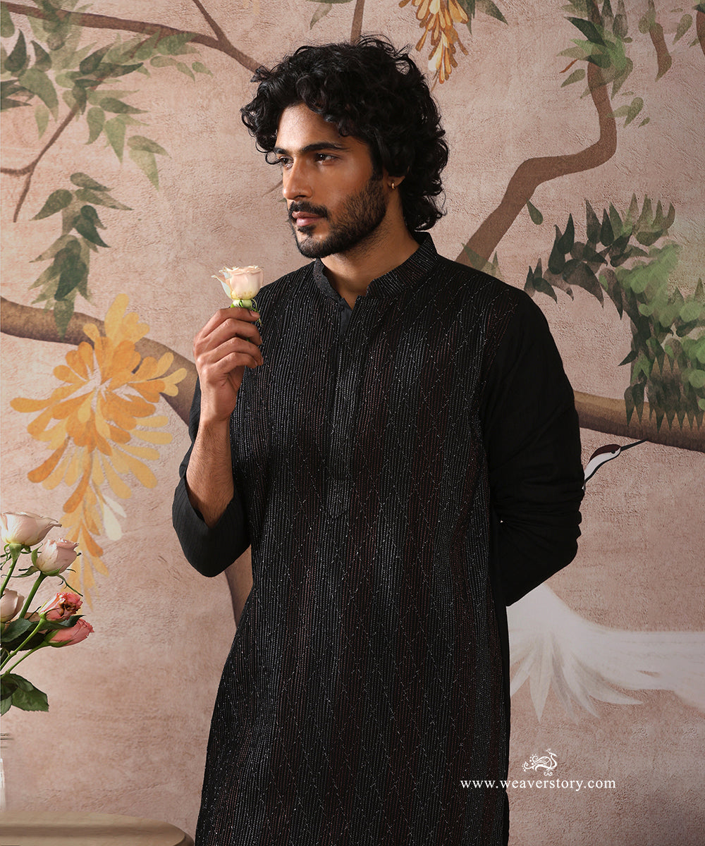 Black Handloom Cotton Silk Pintuck Kurta With Pant